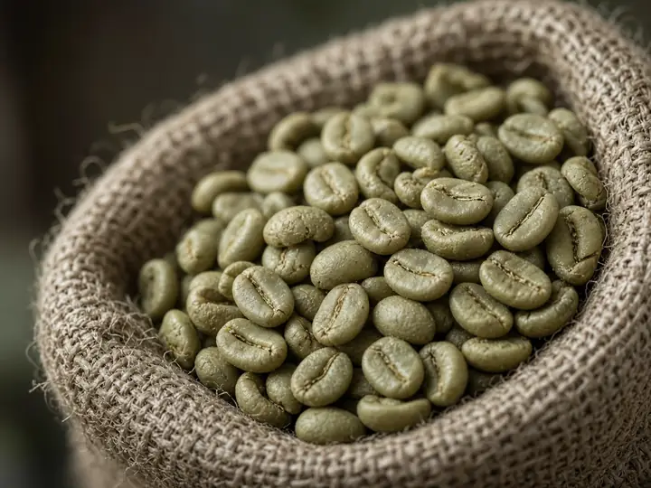 Green coffee beans in a jute sack
