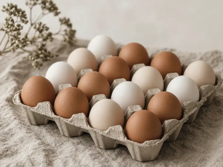 Brown and white eggs in a tray