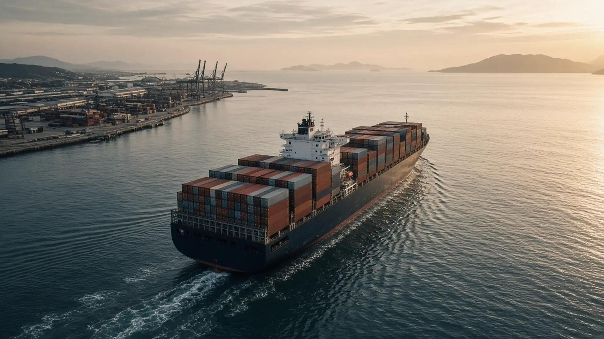 Container ship departing a Brazilian port at sunset