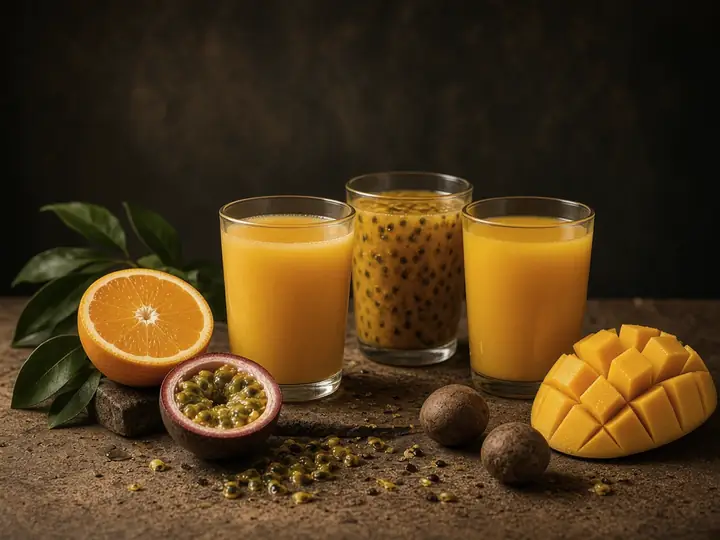 Orange, passion fruit and mango juices