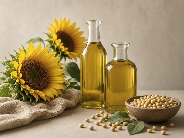 Bottles of vegetable oil with sunflowers and soybeans