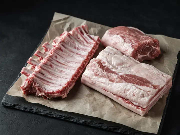 Raw pork ribs and belly