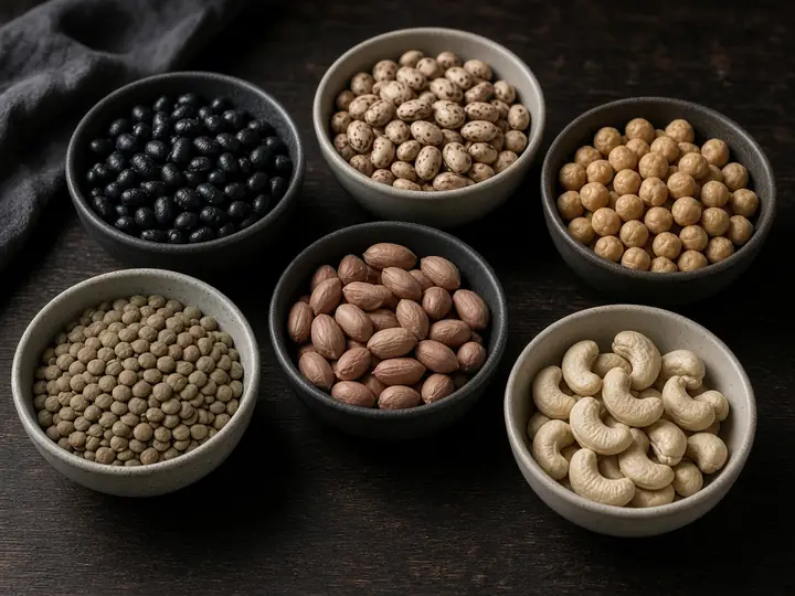 Bowls of beans, lentils, chickpeas, peanuts and cashews