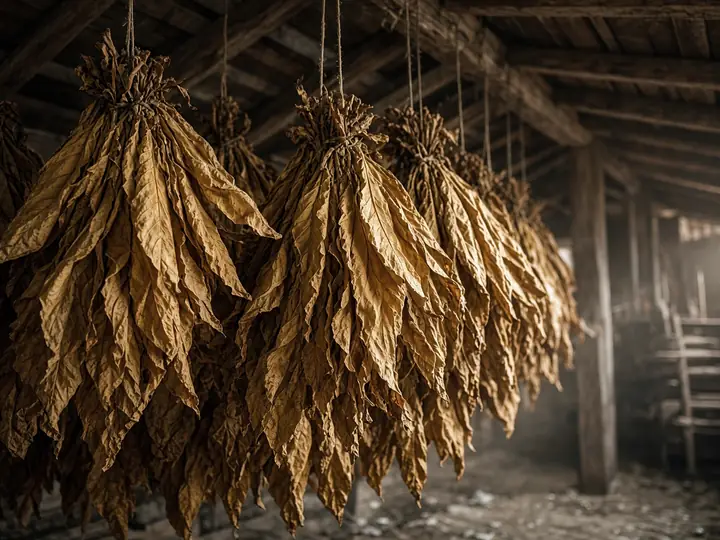 Cured tobacco leaves hanging in a barn